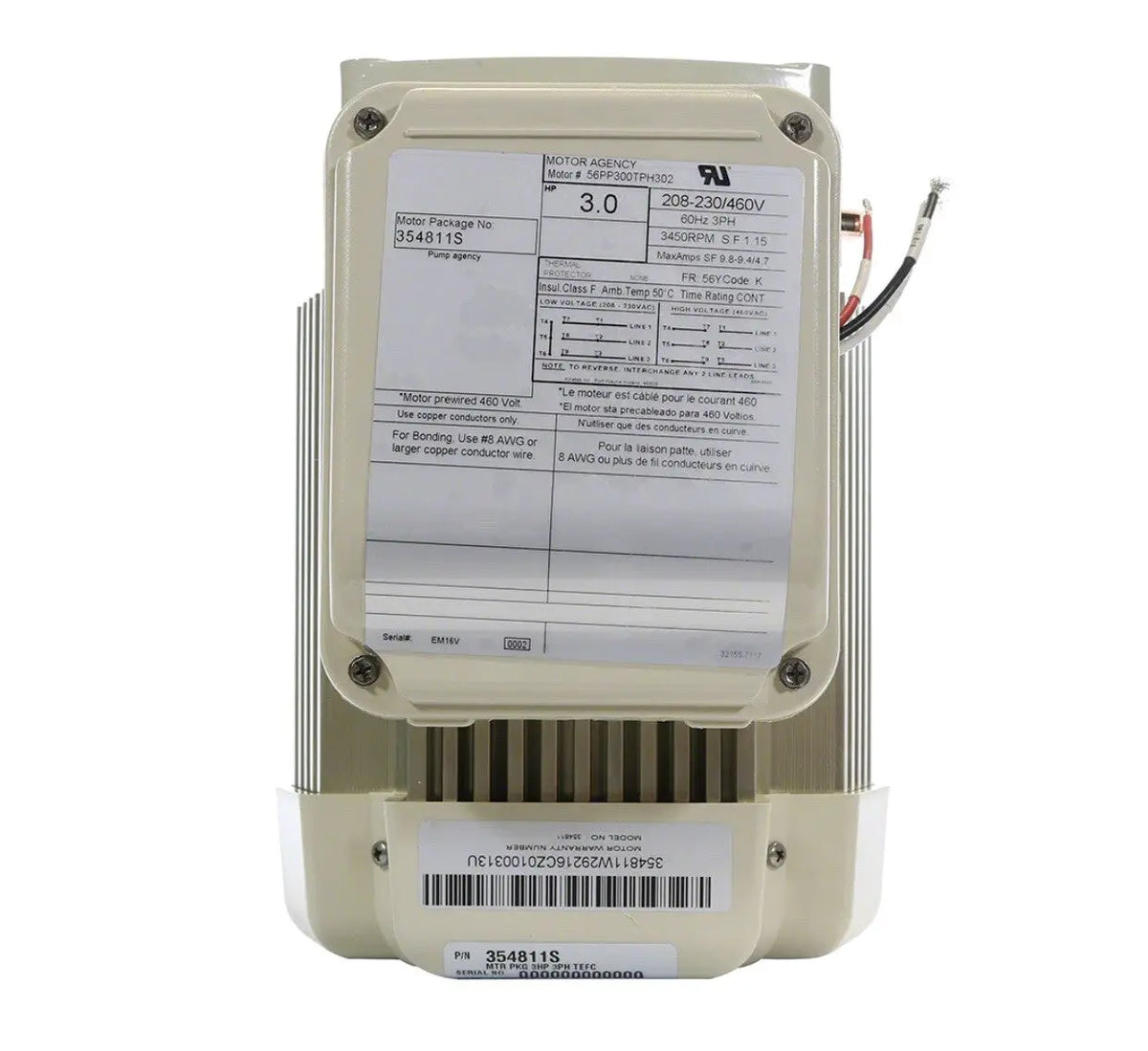 354817S Motor, Pentair WF/WFXF, 3.0hp, 208-230v, 1-Spd, 56Y, SQFL, TEFC