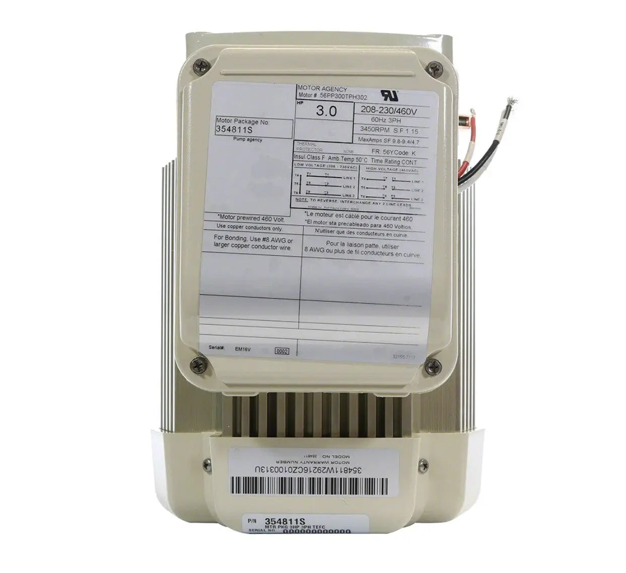 354817S Motor, Pentair WF/WFXF, 3.0hp, 208-230v, 1-Spd, 56Y, SQFL, TEFC