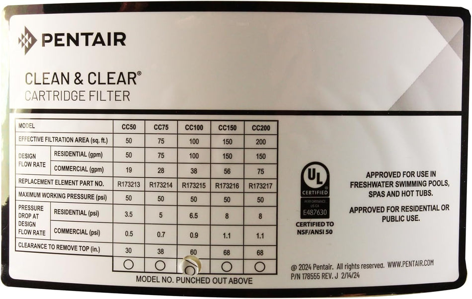 Pentair | EC-160316 | Clean & Clear 100 sq ft Cartridge Filter | Residential Pool Filter
