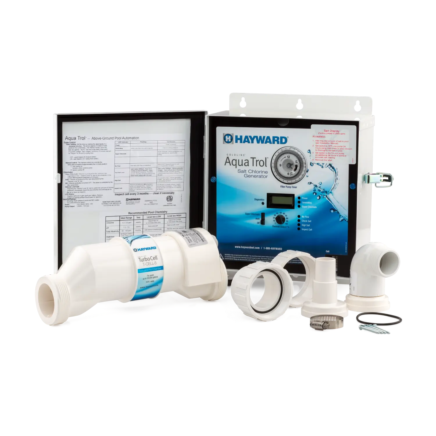 Hayward | W3AQ-TROL-RJ | AquaTrol Salt Chlorination System with GLX-CELL-5 TurboCell – Jet Fittings, Up to 18,000 Gal Hayward