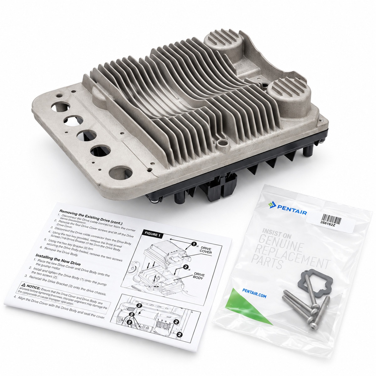 Pentair 356162Z drive kit contents, drive body, hardware bag with screws and installation instructions