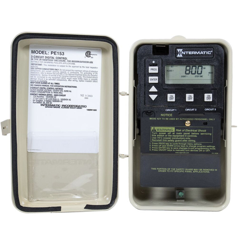 Intermatic | PE153 | Digital Time Clock – 3-Circuit 24-Hour Metal Enclosure, 120/240 VAC