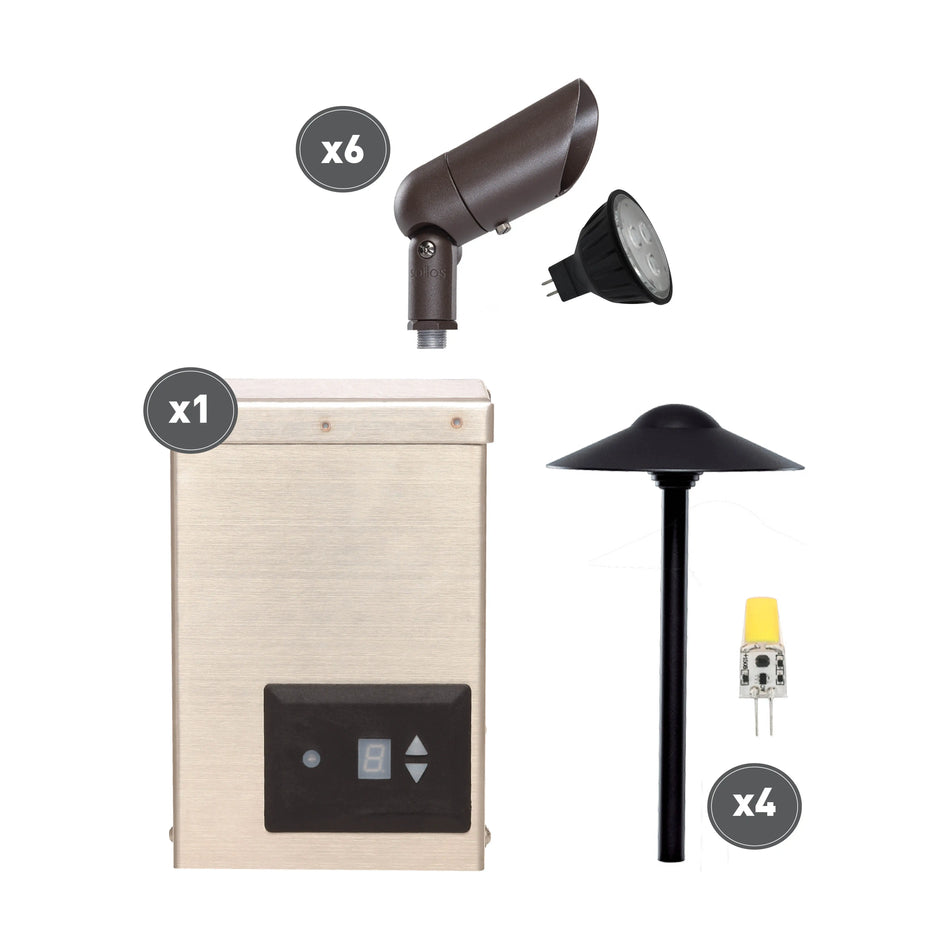 Sollos | 27806 | 12V - Bullet and Path Light Kit – Textured Bronze with LED Lamps & 120W Transformer (7-10 Day Lead Time)