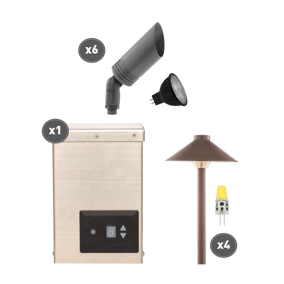 Sollos | 27811 | 12V - Bullet and Path Light Kit – Antique Brass with LED Lamps & 120W Transformer (7-10 Day Lead Time)